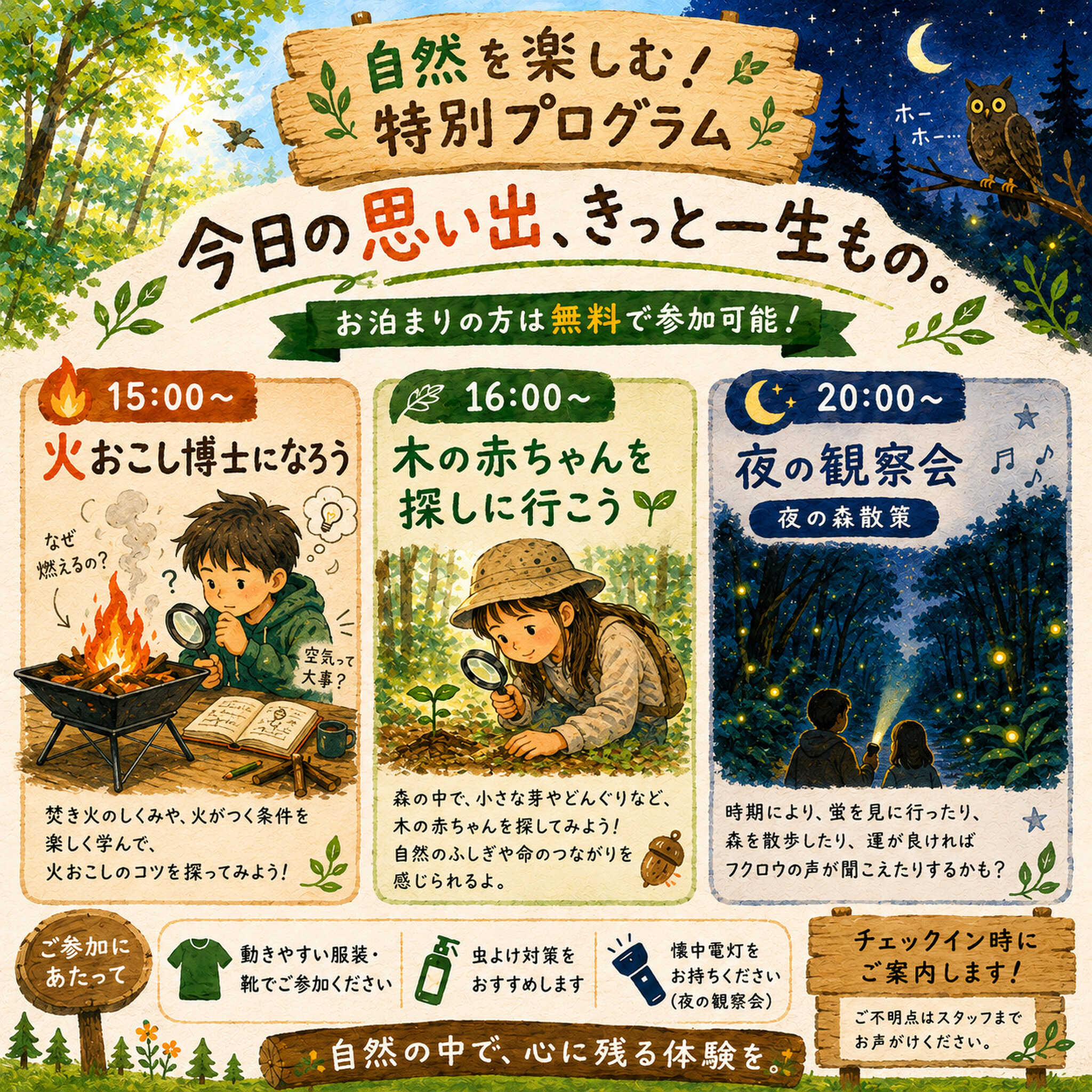 「お泊まりの方限定・参加無料!」森で過ごす時間が、もっと特別になる自然体験プログラム。 火おこし博士になろう、木の赤ちゃん探し、夜の観察会など、 みどりの村ならではの体験をご用意しています。 季節によっては蛍に出会えたり、運が良ければフクロウの声が聞こえることも。 自然の不思議を感じながら、心に残る思い出をつくりませんか?