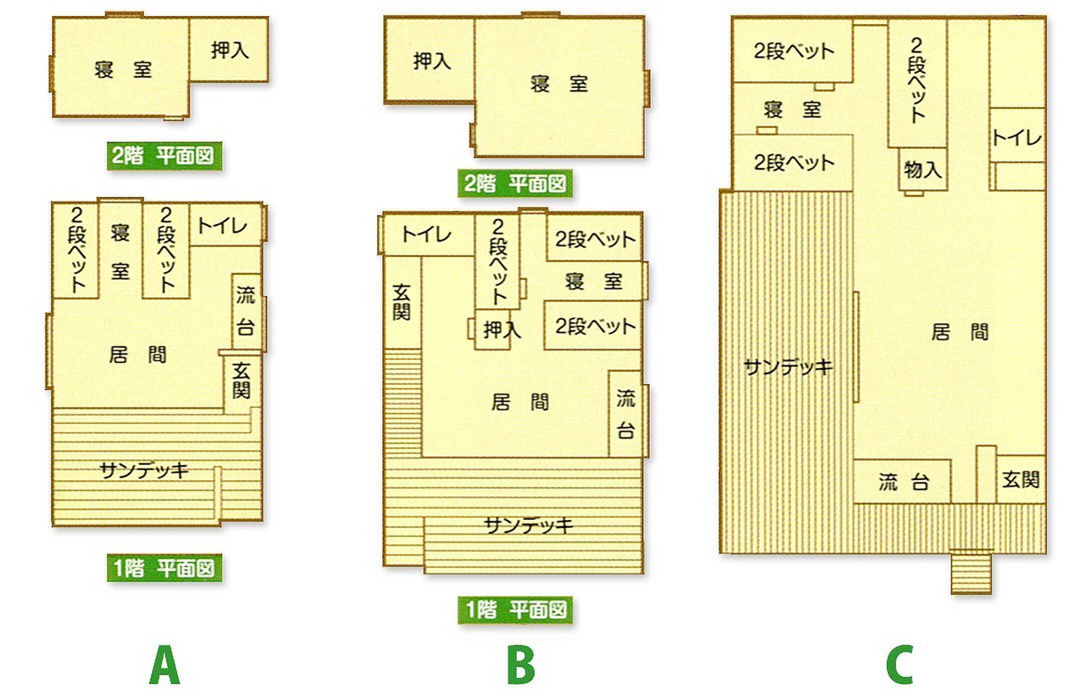 バンガローはA棟(6人用)・B棟(10人用)・C棟(6人用)となっております。