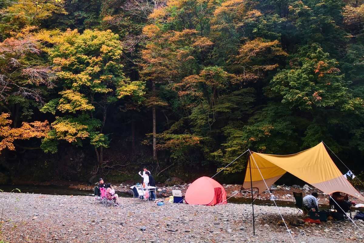 名栗川に面した河原フリーサイト。秋は紅葉と落ち葉に囲まれ、夜は焚き火を囲んでゆっくり過ごせます。