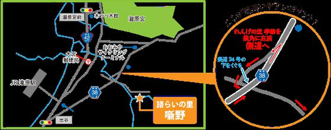 当施設ご到着直前の道順です。当施設の看板がある駐車場にとめず、道向いの側道に入り、県道を高架下でくぐる形になります。
