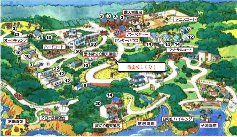 場内MAP:海まで約10分。小高い丘の上にあります
