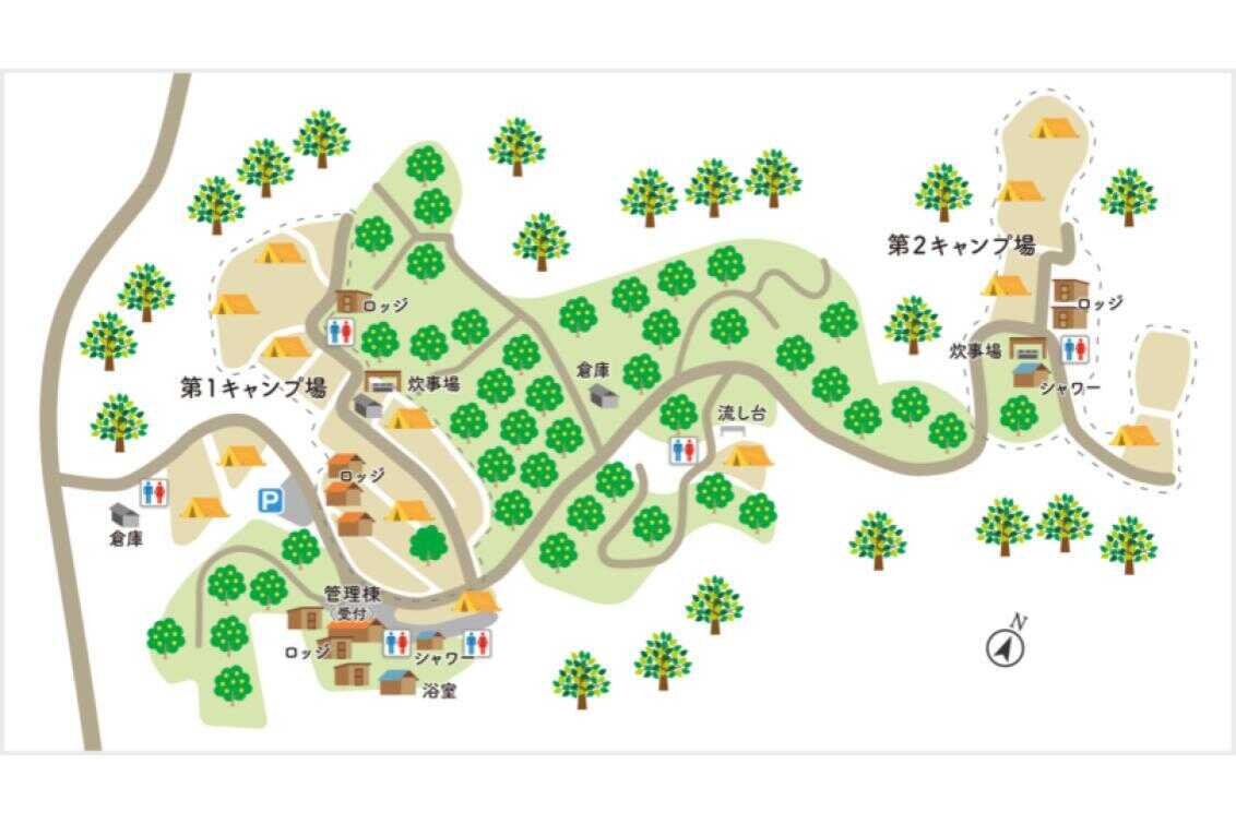 【場内マップ】当キャンプ場は海側の第1と山側の第2に分かれています!ご希望のロケーションに応じてご予約ください!