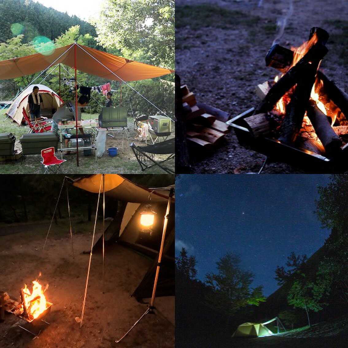 NIGHT CAMP STYLE:夜ならではの表情を見せる山や川。 日中とは違う雰囲気の大自然を是非お楽しみください。 火を消せば、虫のさえずりや川のせせらぎをBGMに、煌めく星空をご覧いただけます。