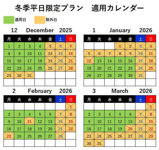 冬季ソロキャン適用日カレンダー