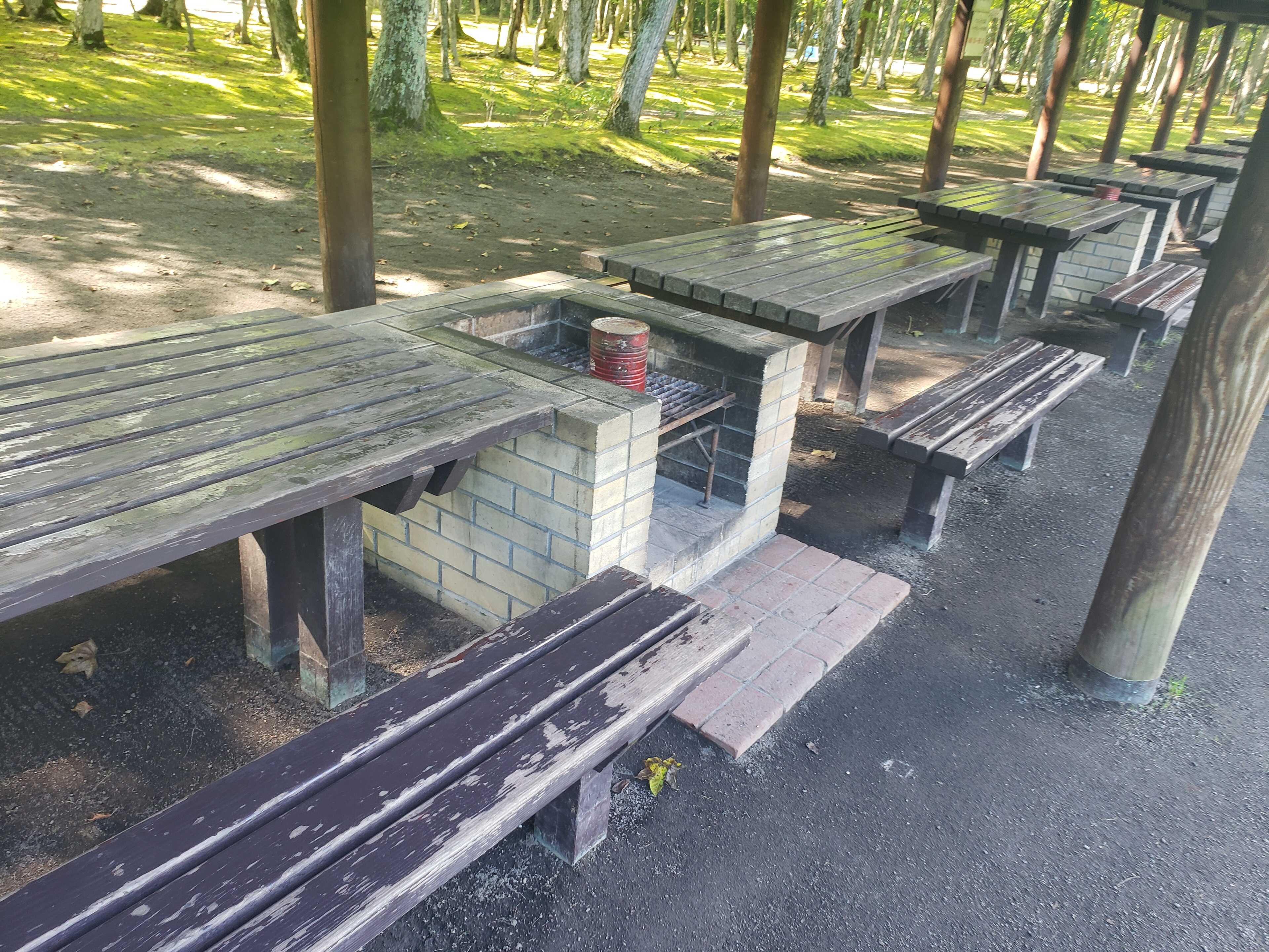 BBQ場。炉を挟んで各6名程度座れるテーブルベンチが設置して入ります。大人数でのご利用の場合には屋根無しサイトにて人数無制限でご利用いただけるサイトもあります。