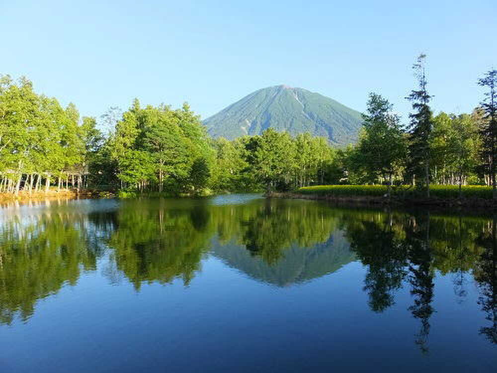 キャンプ場横の湧水の池は羊蹄山絶景スポット!風のない日には湧水の池に羊蹄山がうつりこみます。