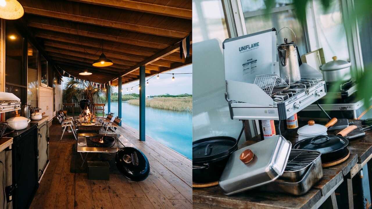 ☆ 開放感たっぷりのRiverside Lanai♫貸切のアウトドアダイニングでこだわりセレクト20種類のBBQギアを‼︎炭や薪の火おこしはすぐに火がつくようにセッティング済なので初心者の方や女子会でも安心・大歓迎です‼︎ Let's cook out‼︎