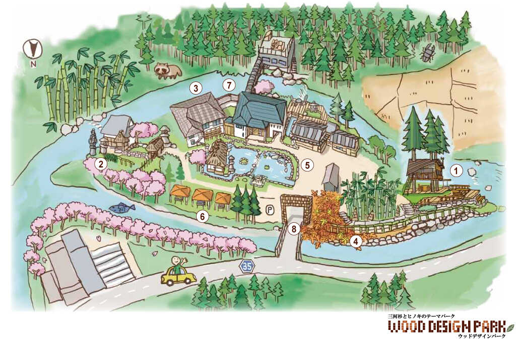 ウッドデザインパーク場内MAP:ウッドデザインパークは、乙川の中洲に位置しています。