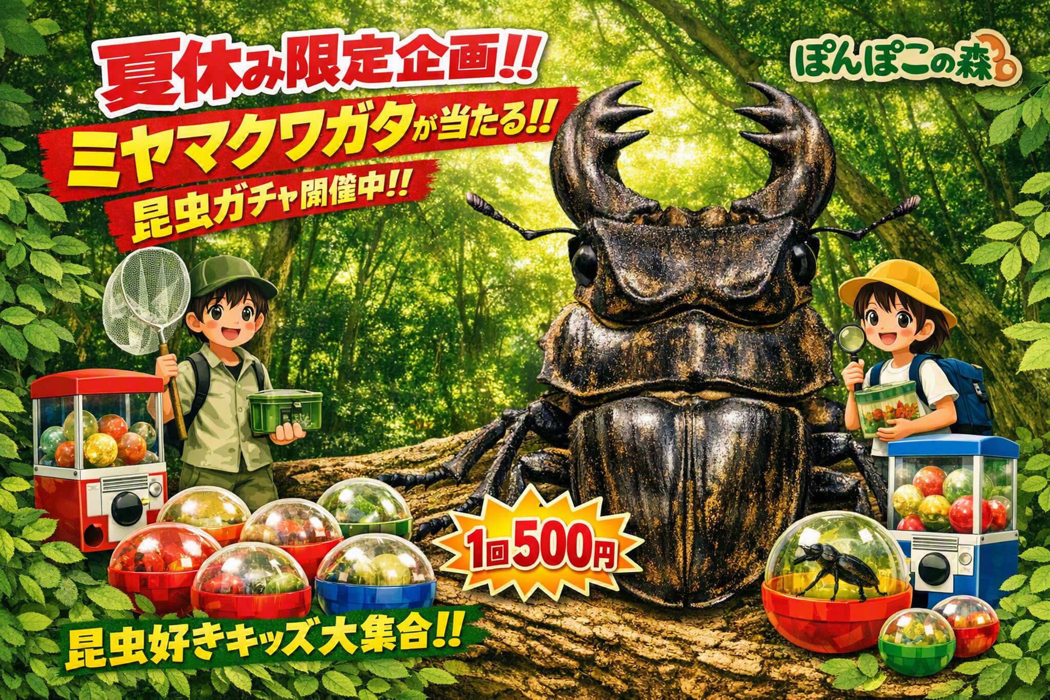 夏休み限定企画!ミヤマクワガタペアが当たる昆虫ガチャやってるよ~♫