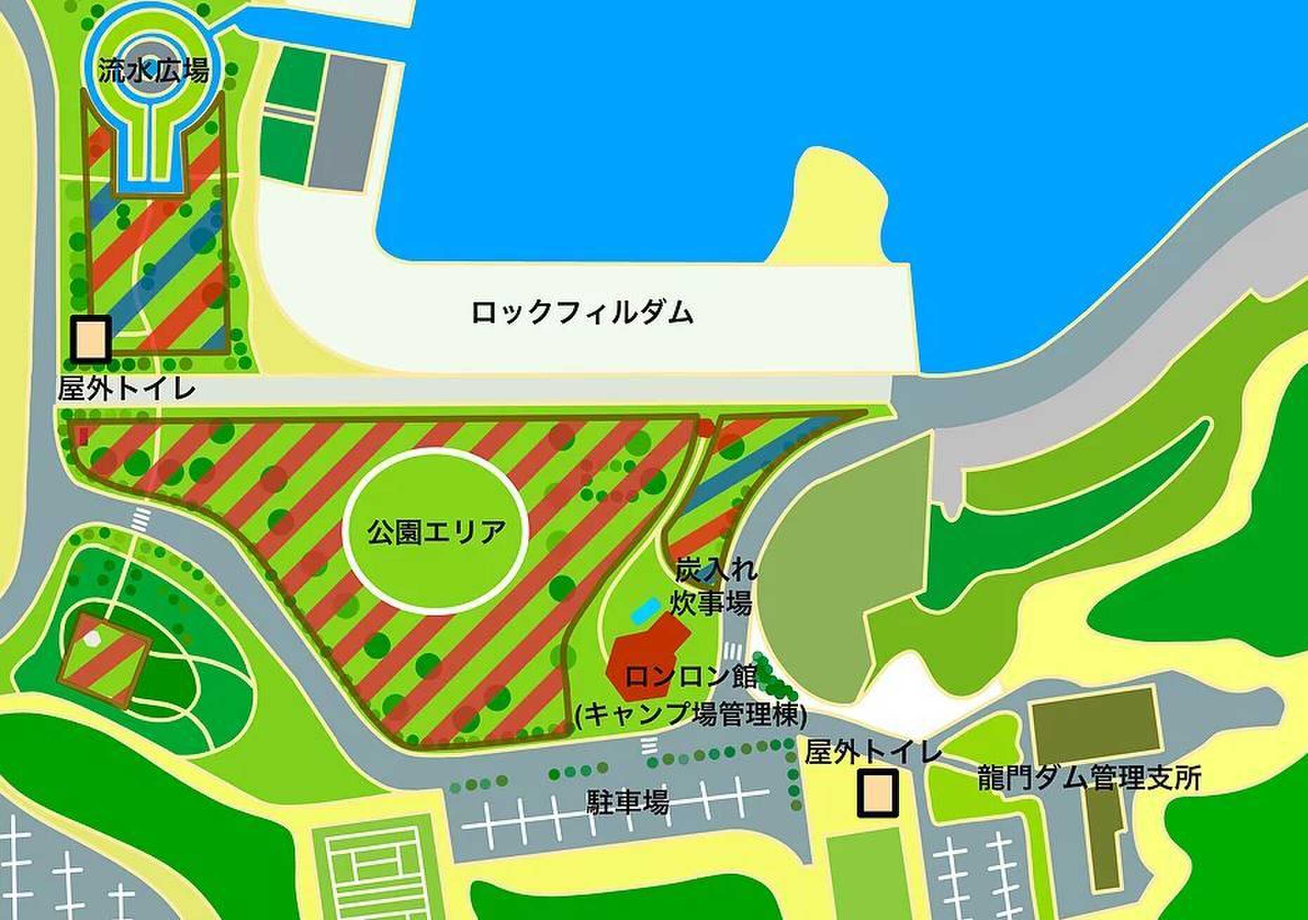 【場内MAP】(赤斜線)宿泊キャンプサイト(赤青斜線)宿泊・デイキャンプサイト ※エリアは変更する場合がございます。ご了承下さい。