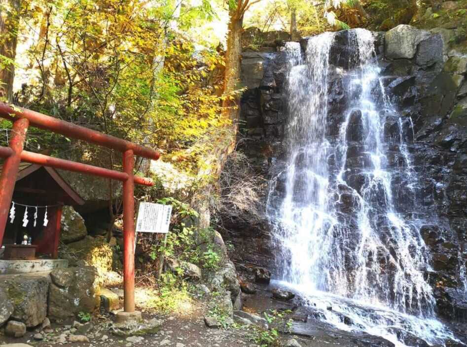 キャンプ場から徒歩200mの距離にある『母の白滝』。突然現れる鳥居をくぐれば神聖な空気と水の香りが体を包みます。