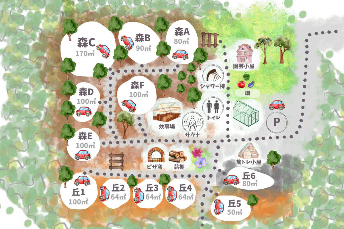 車横付けOK!の森サイトと丘サイトのマップ