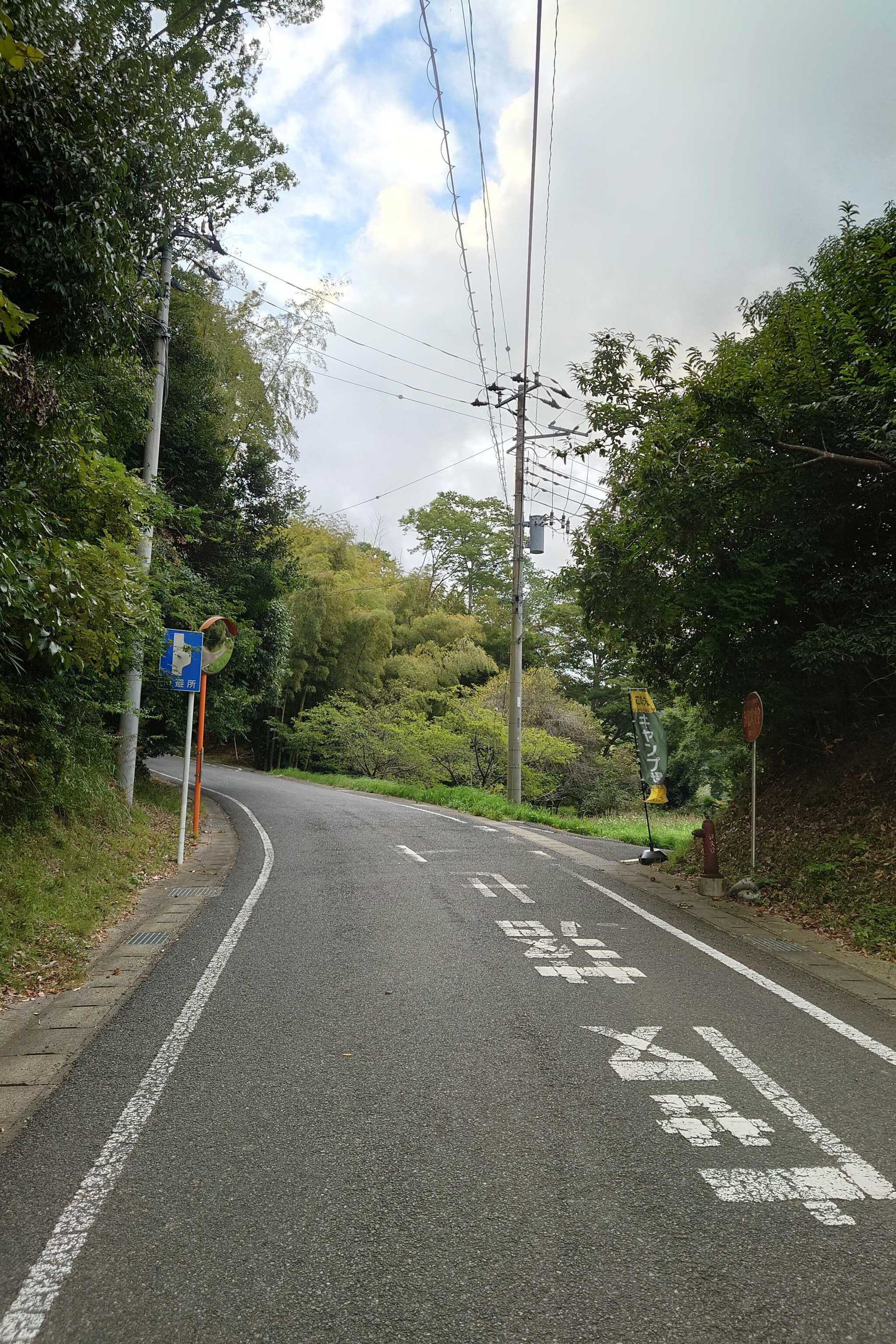 キャンプ場までの道順。【鈴木メロン園】看板左折から約600m直進後、のぼり旗【この先キャンプ場】有。ここを右折。キャンプ場まで直進約800m。
