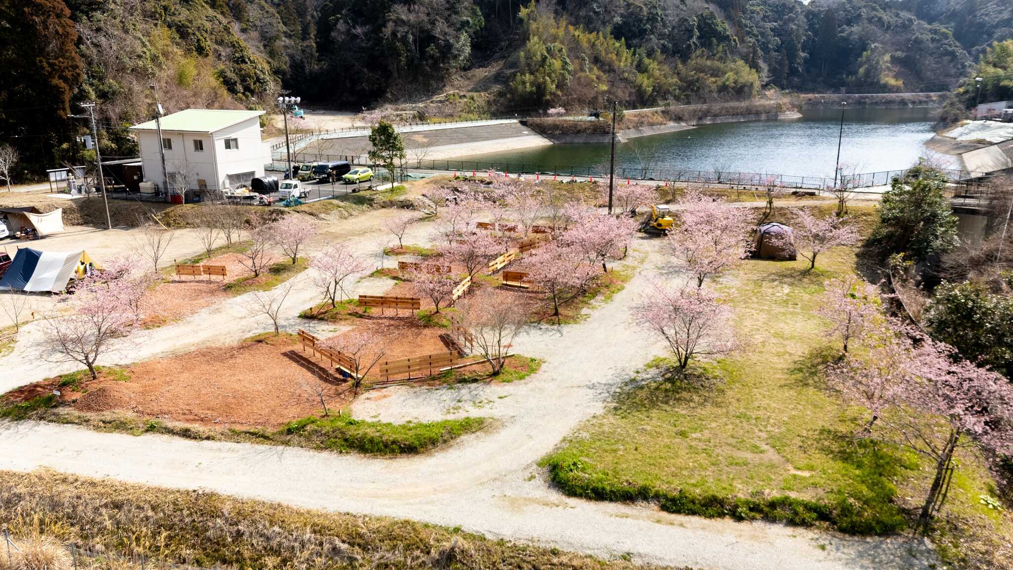 湖下のメイン区画オートサイトは春になると桜が満開に!
