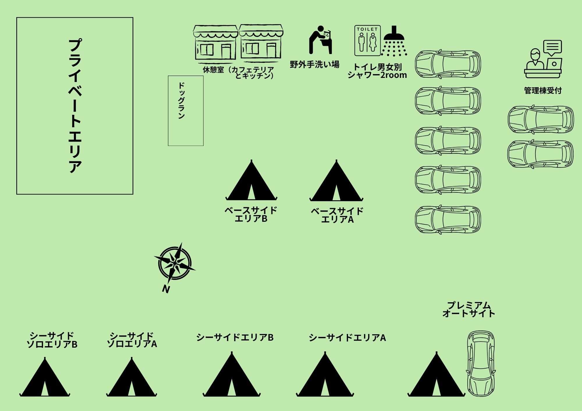 ハクトベース内区画サイト、施設簡易図面
