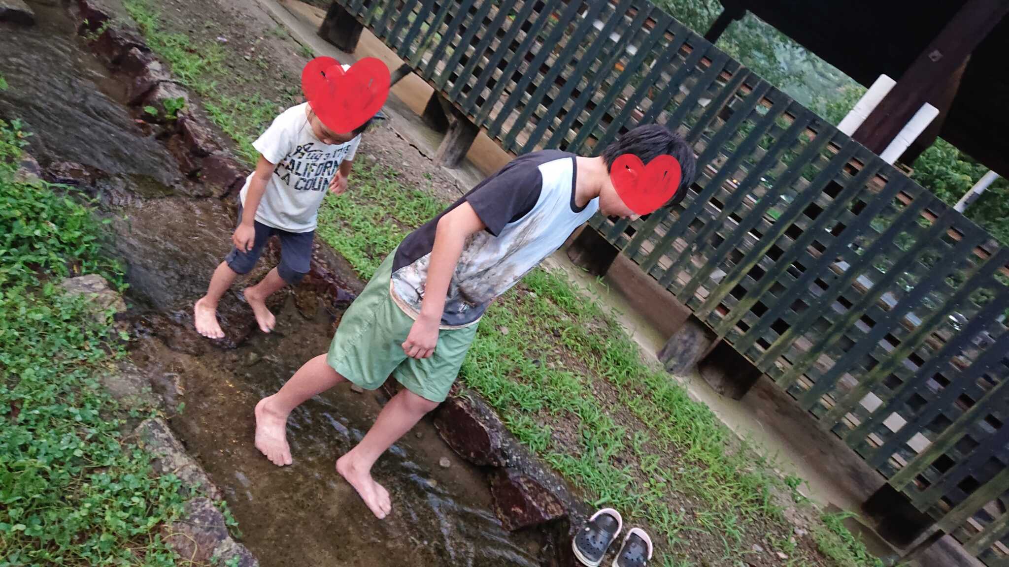 園内の小川で。