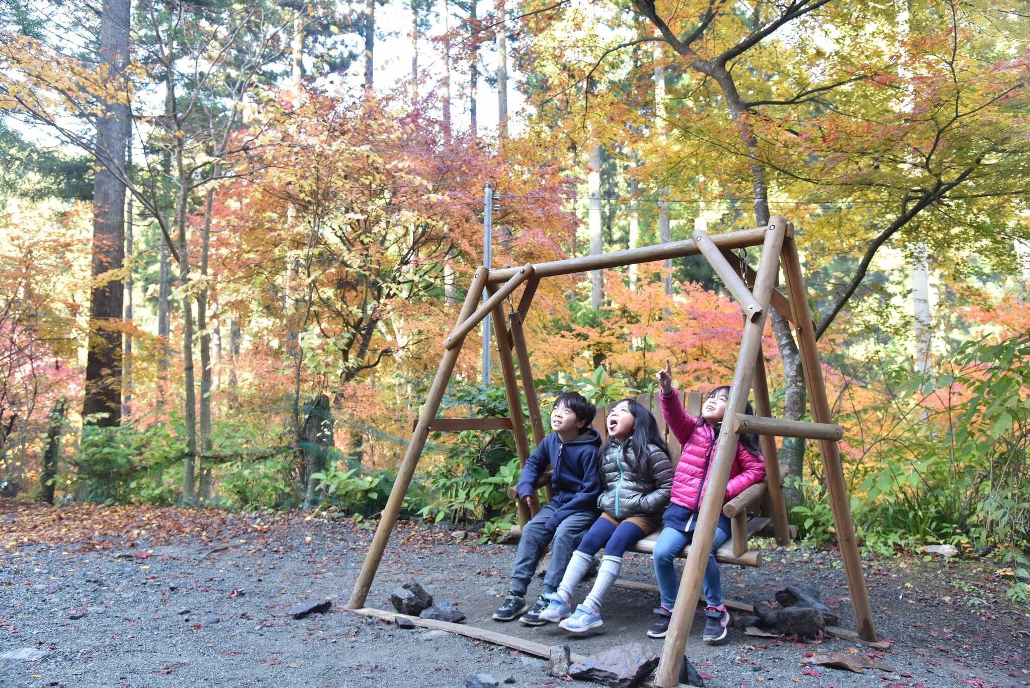 広場のブランコにて。紅葉がキレイです