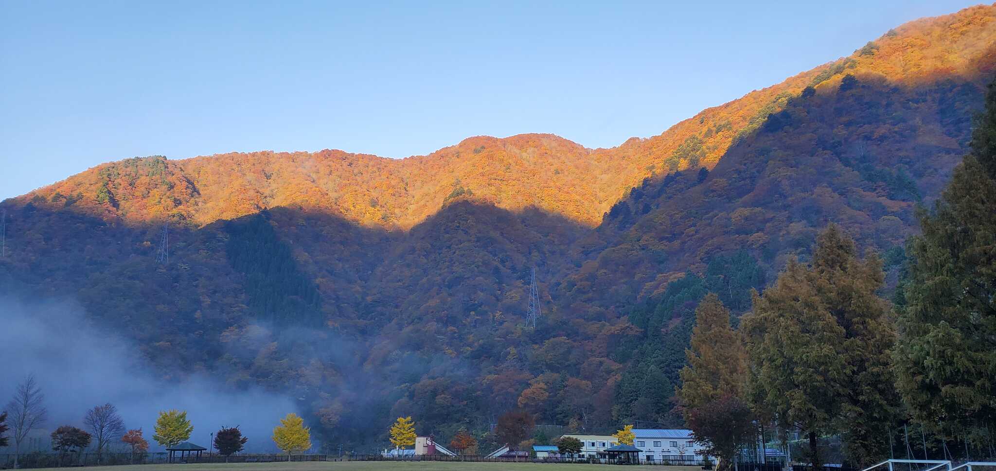 キャンプ場近くで、朝もやの中の景色