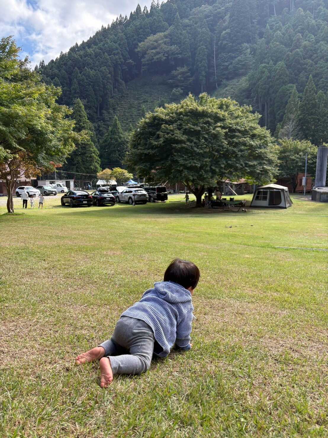 広い芝生でハイハイも出来るよう